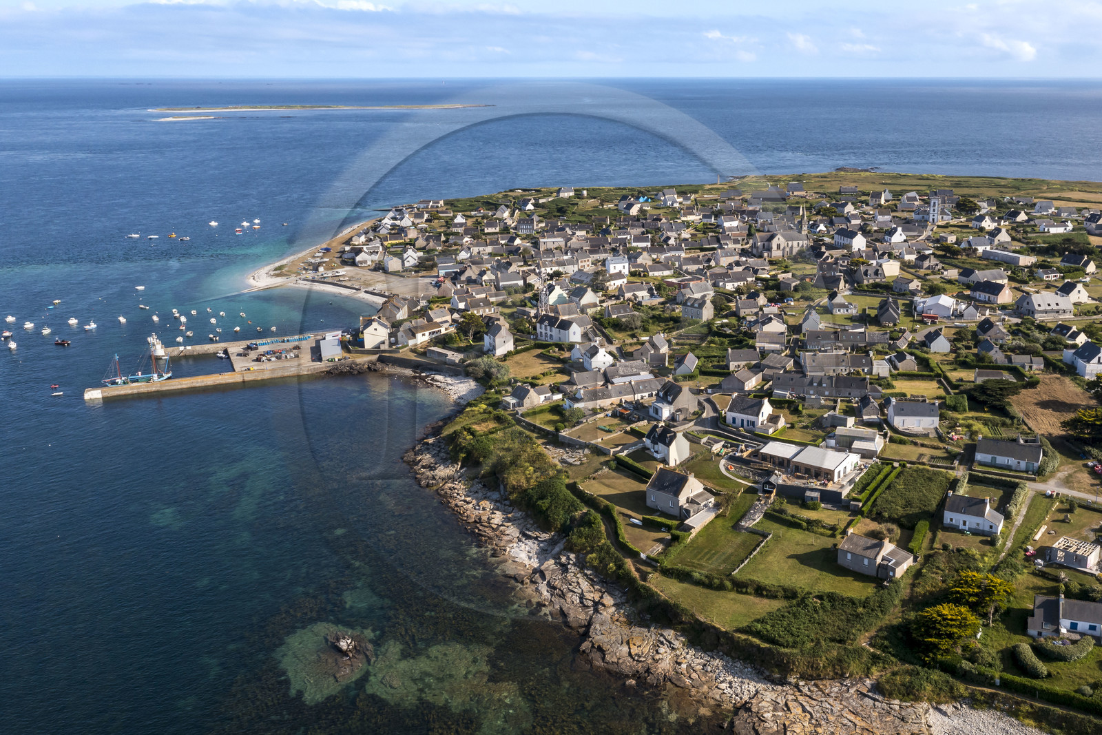 France, Finistère, Iroise Sea, Molene archipelago, Molene Island, the village and the traditional port (aerial view)