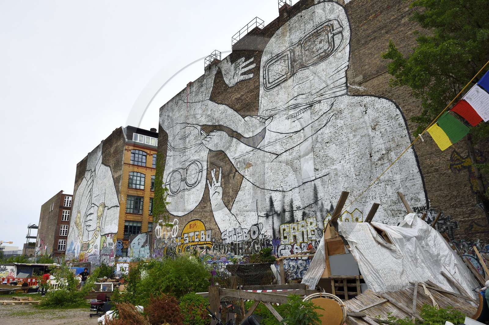 Allemagne, Berlin, quartier de Friedrichshain-Kreuzberg, peinture murale géante dans un squat de la Schlesische strasse
