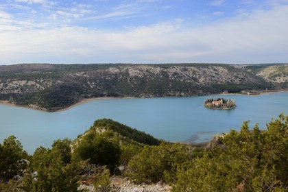 Croatia, Dalmatia, Krka National Park where Krka River becomes Lake Visovac, the Visovac Franciscan Monastery on the island