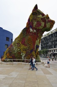 Spain, Basque Country, Biscay Province, Bilbao, over 12 meters high sculpture called Puppy by American artist Jeff Koons in front of the Guggenheim museum by architect Frank Gehry