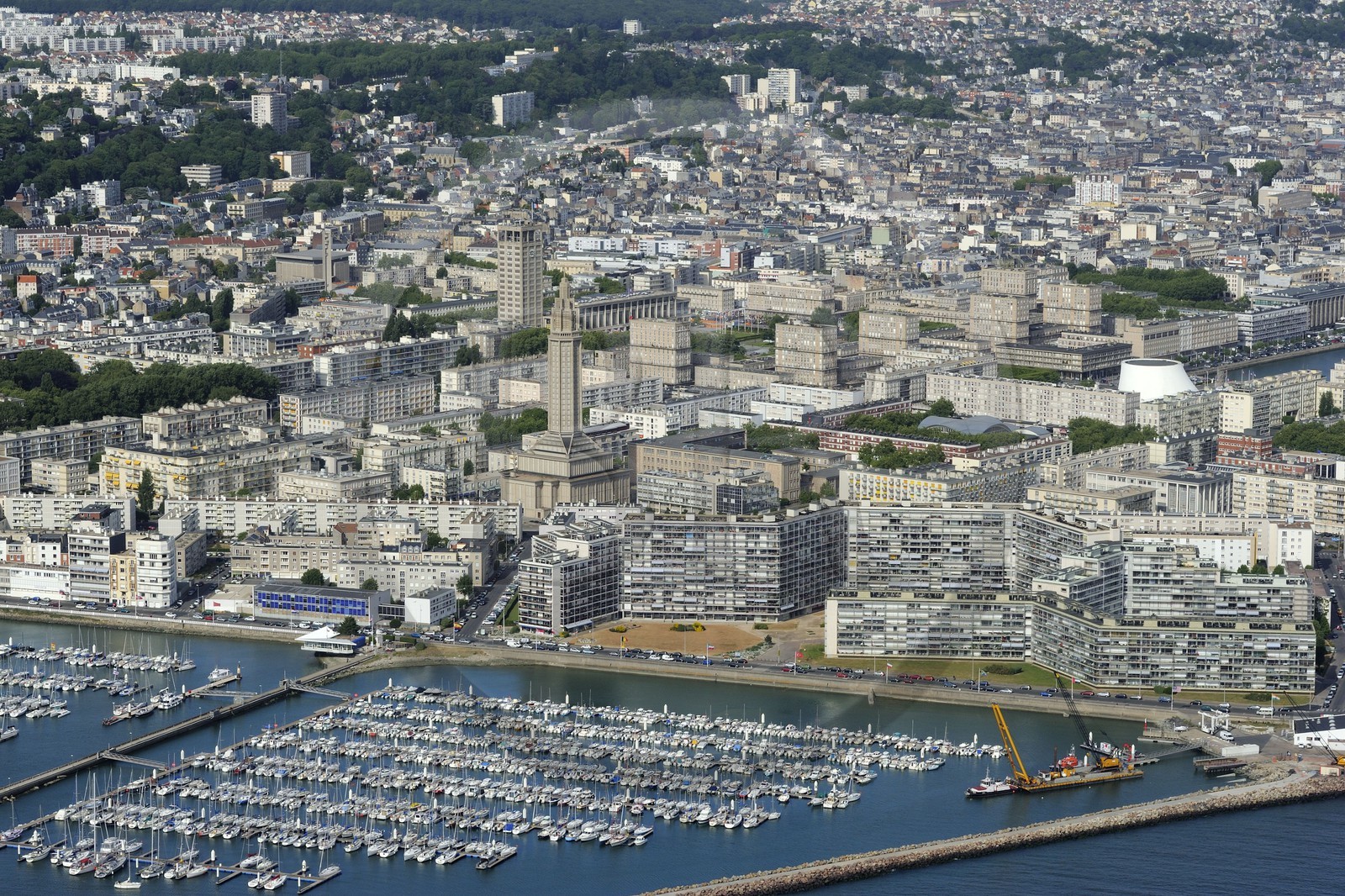 France, Seine Maritime, Le Havre, listed as World Heritage by UNESCO, the city center around the Lantern tower of Saint Joseph church (aerial view)