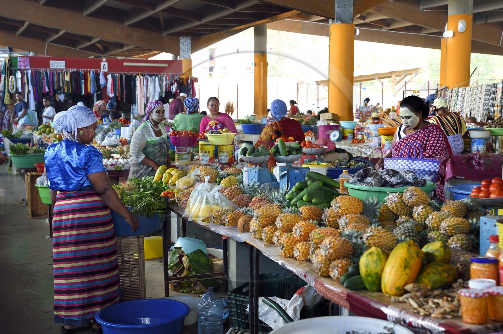 France, Mayotte island (French overseas department), Grande-Terre, Mamoudzou, large central market at the port, Mahorais women wearing a facial mask with sandalwood (the m'sindzano) behind their fruits and vegetables stalls