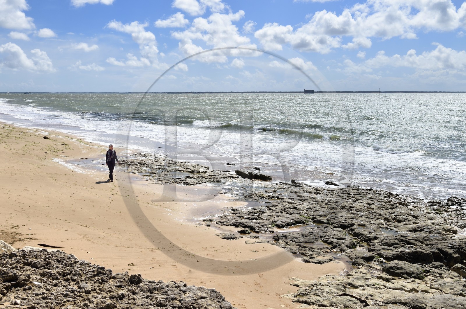 France, Charente-Maritime (17), Ile d'Aix, la Grande Plage qui s'étend sur plus d'un kilomètre et le Fort Boyard en arrière plan