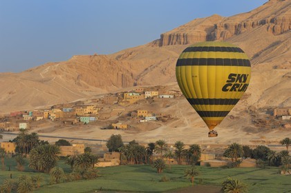 Egypt, Upper Egypt, Nile Valley, Luxor, West bank, hot air balloons flying over the Theban Necropolis (aerial view)