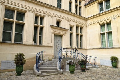 France, Aisne, Château-Thierry, Jean de La Fontaine Museum - city of Chateau-Thierry in the birthplace of the poet and writer, the Renaissance facade and the steps on the courtyard side