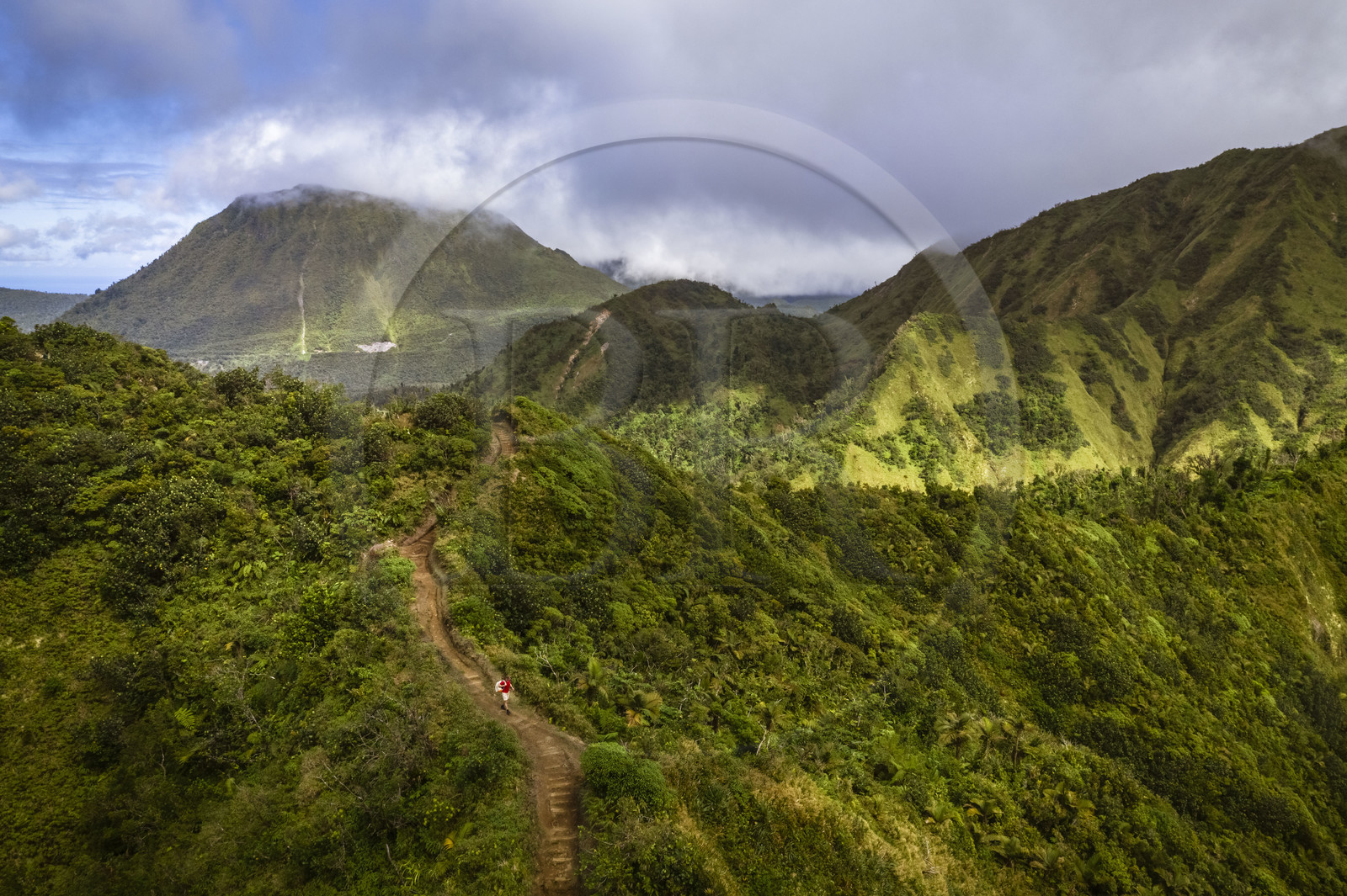 Caraïbes, Ile de la Dominique, Castle Bruce, Parc national du Morne Trois Pitons classé Patrimoine Mondial de l'UNESCO, randonneurs sur le sentier traversant la forêt tropicale et menant à la la Vallée de la Désolation puis au Boiling Lake (vue aérienne)