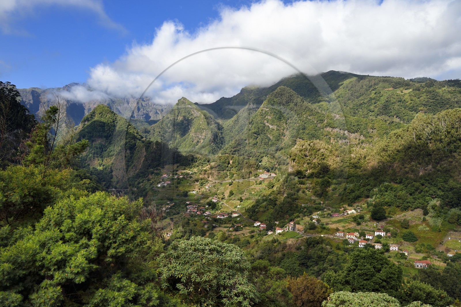 Portugal, Ile de Madère, vallée de Sao Roque do Faial au pied de la  la chaine de montagnes centrale et du Pico Ruivo (1862m)