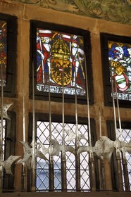 France, Bas Rhin, Orschwiller, Alsace Wine Road, Haut Koenigsbourg Castle, the arms room presents the various halberds, swords, crossbows and armors