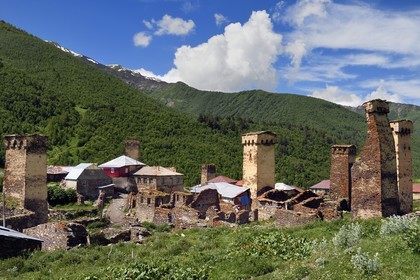 Georgia, Upper Svaneti (Zemo Svaneti), village of Ushguli, listed as World heritage by UNESCO, Svan defensive towers erected next to the houses of Murkmeli hamlet