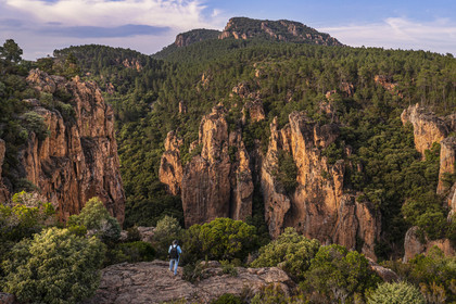 France, Var, between Bagnols en Foret and Roquebrune sur Argens, hiker at the entrance of the Gorges du Blavet (aerial view)