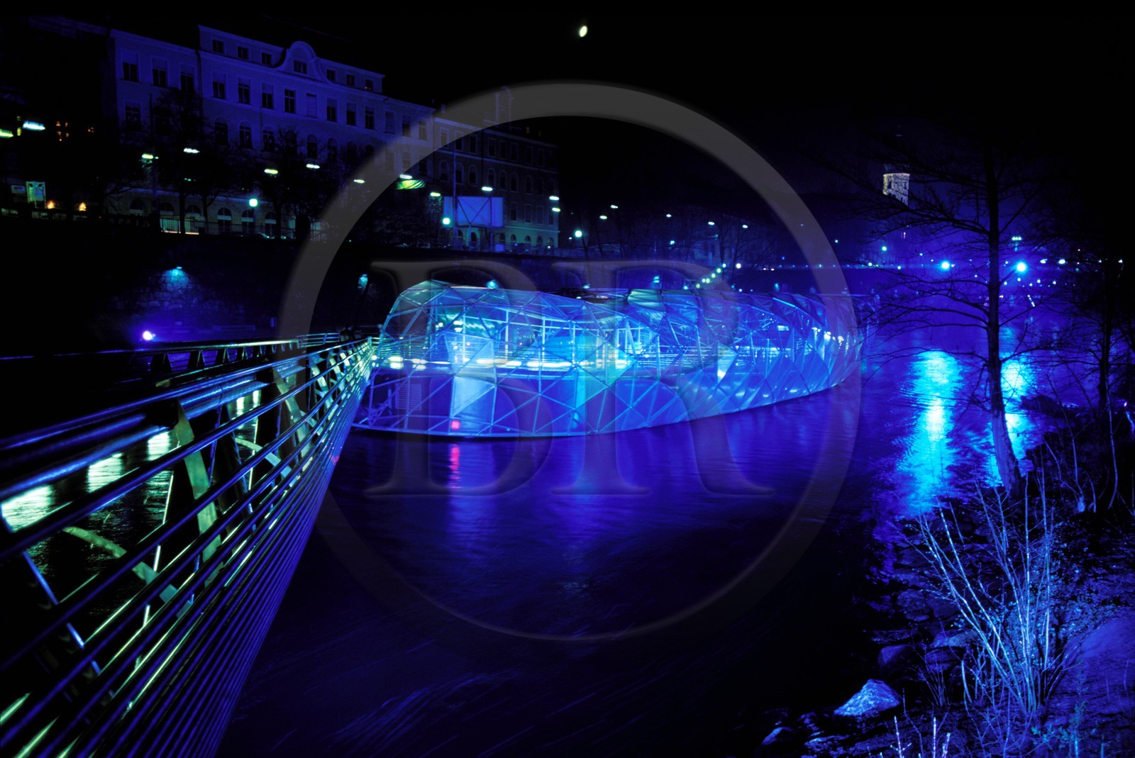Austria, Styria, Graz, floating island on the river Mur, Cafe and cultural space created by the Architect Vito Acconci