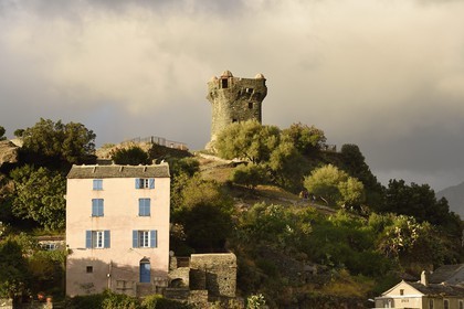 France, Haute-Corse (2B), Cap Corse, le village perché de Nonza et la Tour paoline (Torra paolina)