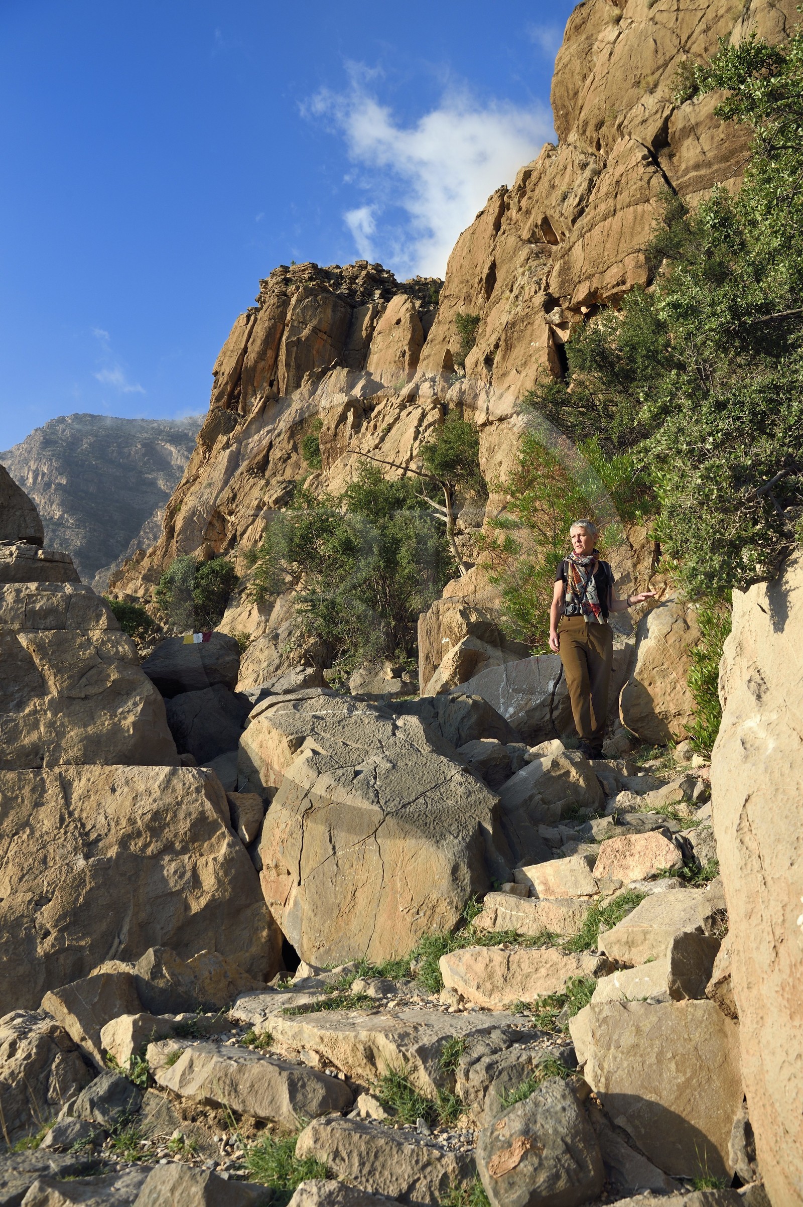 Sultanat d'Oman, Gouvernorat d'Al-Batina du Sud, Hajar occidental, Wadi Mistall, village de Wakan (Wukan), le sentier de randonnée monte vers le sommet du Qarn Wukan (2501m) en arrière plan