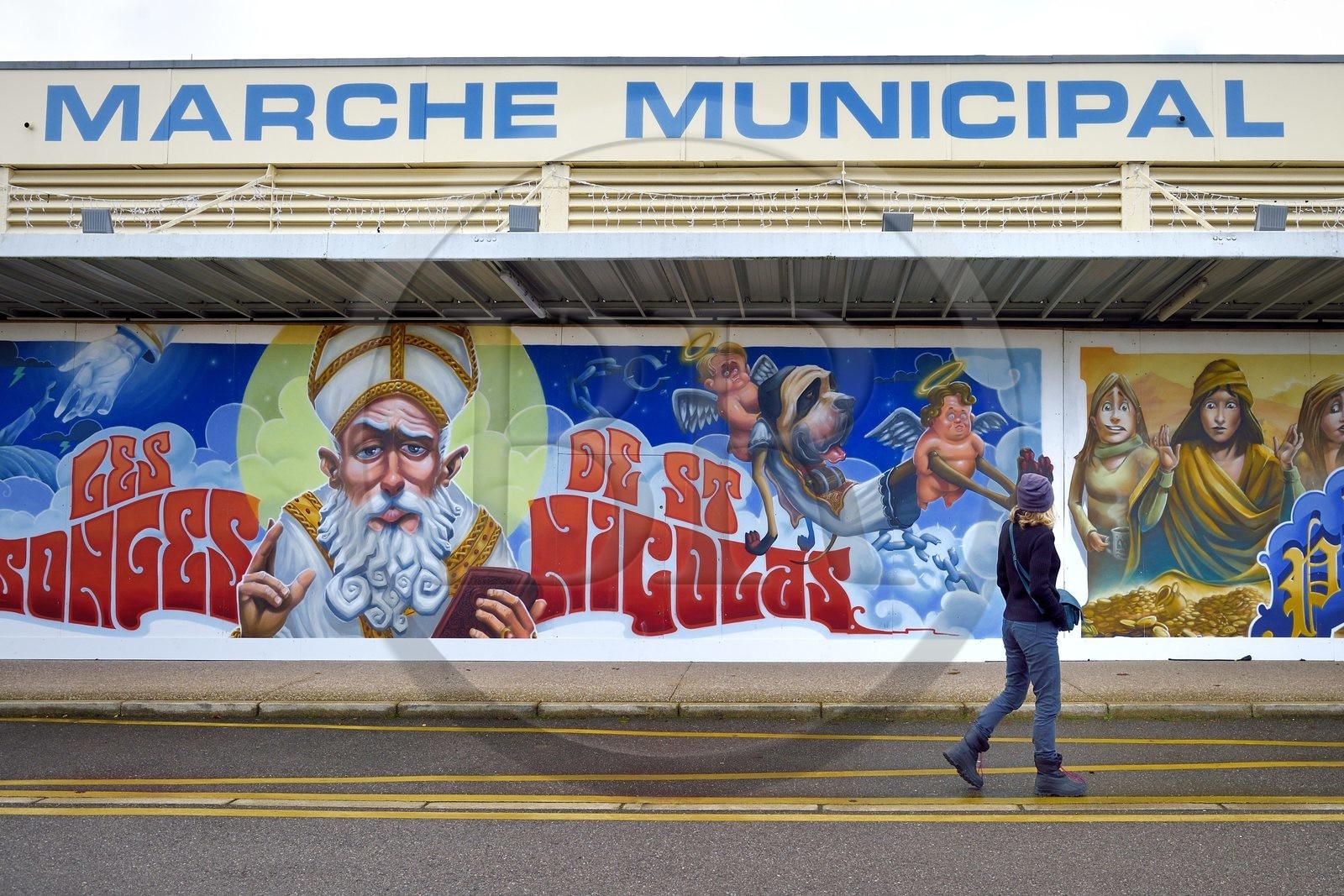 France, Meurthe-et-Moselle, Nancy, Haussonville covered market, fresco on the theme of Saint-Nicolas by the Moulin Crew   Phantasia collective