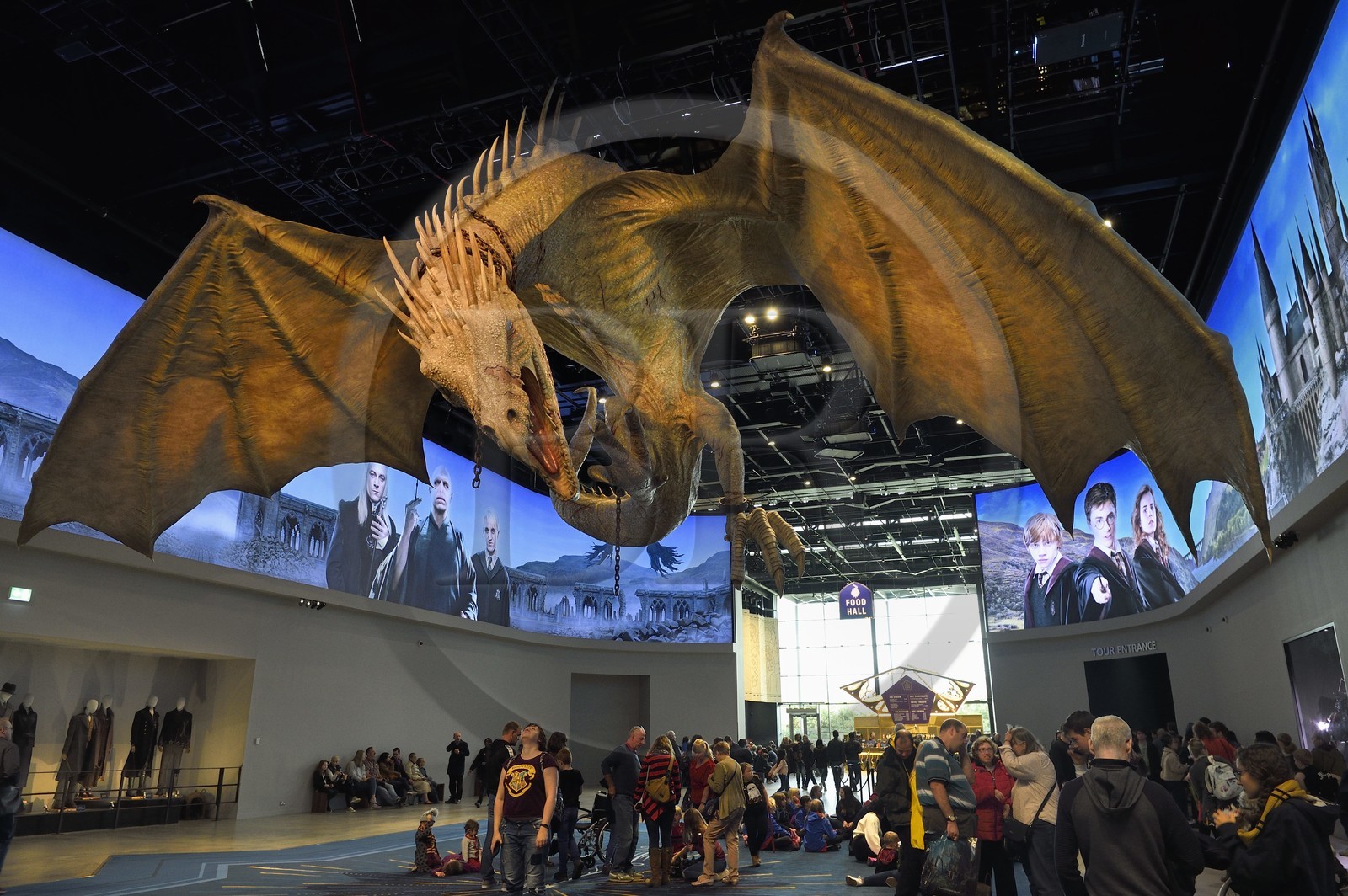 United Kingdom, Hertfordshire, Leavesden, Leavesden Film Studios, Harry Potter Studio Tour London, the scene of the eight Harry Potter movies' making of, giant flying dragon overlooking the visitors at the entrance of the exhibition