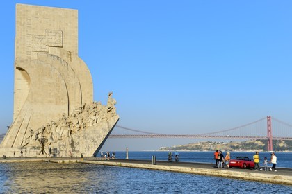 Portugal, Lisbon, Belem District, Padrao dos Descobrimentos (Monument to the Discoveries) dated 1960 and the 25 de Abril bridge on Tagus river