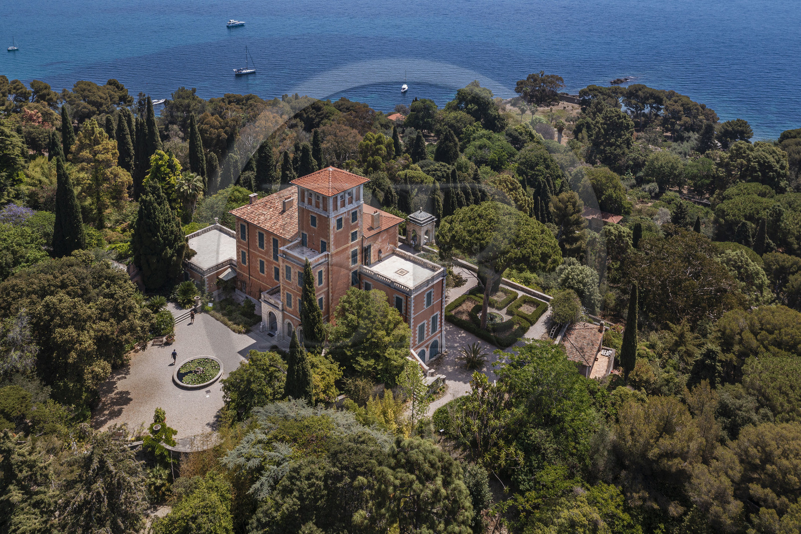 Italy, Liguria, Province of Imperia, Ventimiglia, Hanbury Botanical Garden around the Palazzo Orengo (aerial view)