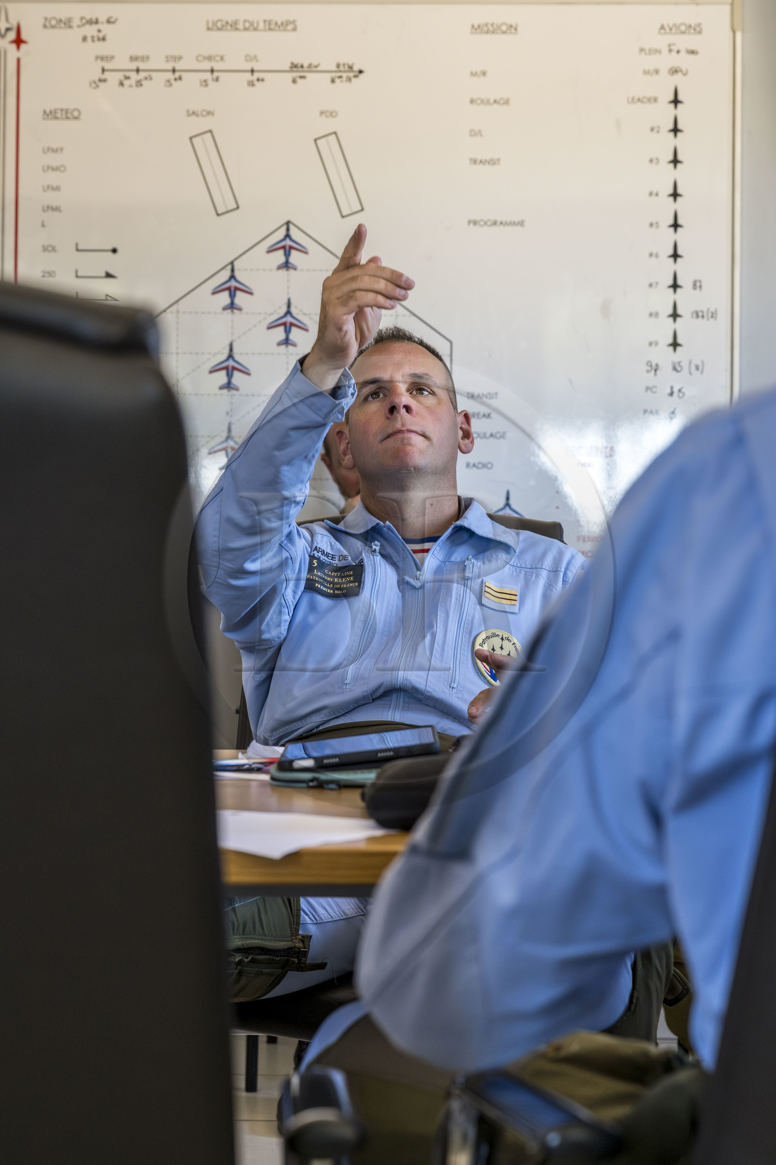France, Bouches du Rhone, Salon de Provence, air base 701, base of the Patrouille de France (PAF for Patrouille acrobatique de France) of the French Air and Space Force, the music rehearsal, mental visualization of the flight during the briefing in the premises of the Patrouille de France