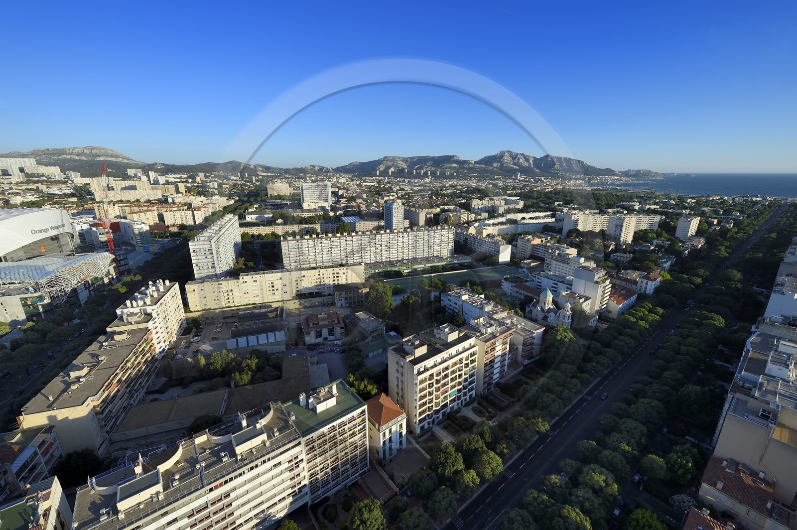 France, Bouches du Rhone, Marseille, the Avenue du Prado which leads to the Prado beach, the Saint Sahak Armenian Apostolic Cathedral and St. Mesrob Serpotz Tarkmantchaz ( Saints translators ) in the foreground on the left