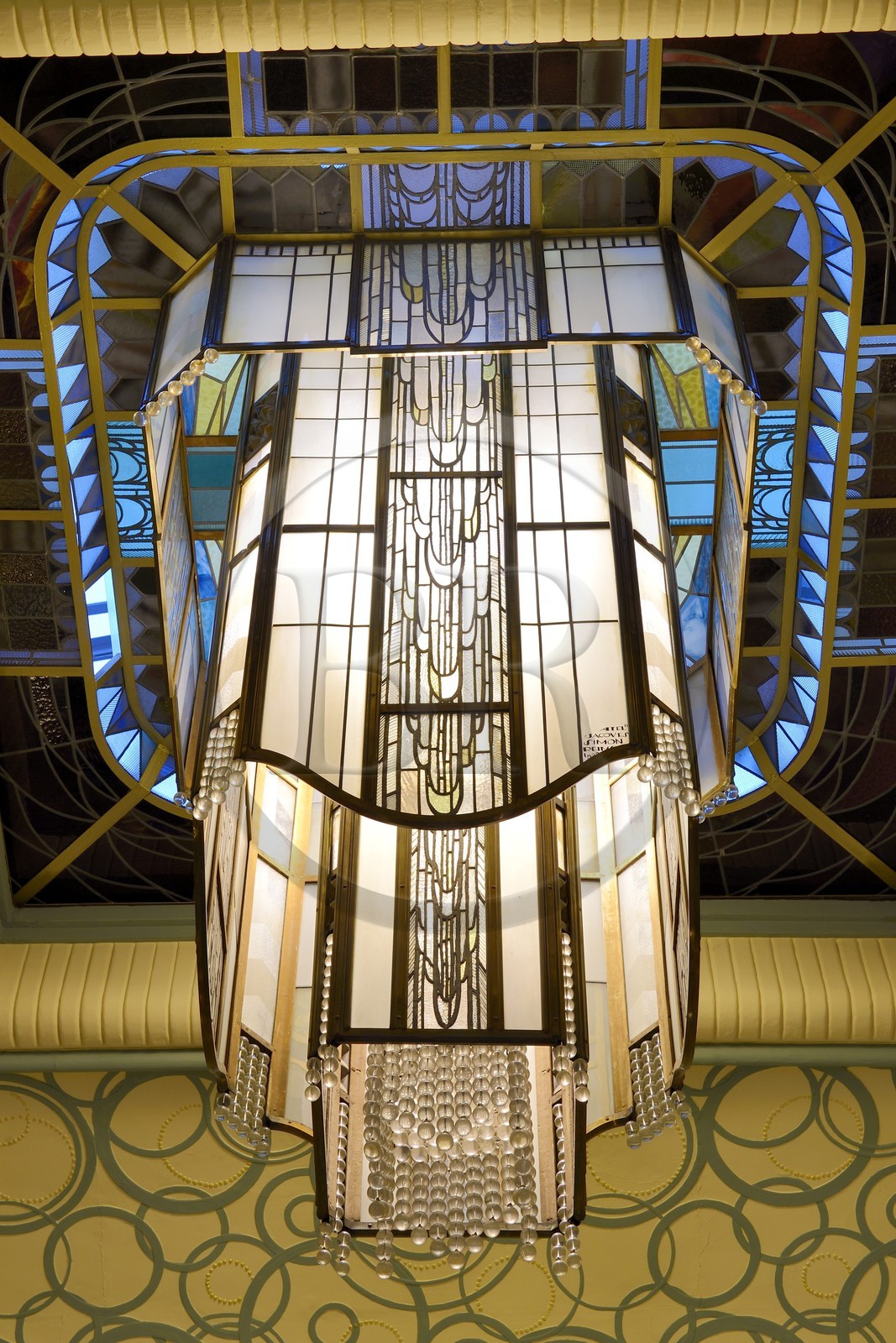 France, Marne, Reims, the Carnegie Library in Art Nouveau style, the luster of the large entrance hall was designed by the master glassmaker from Reims Jacques Simon