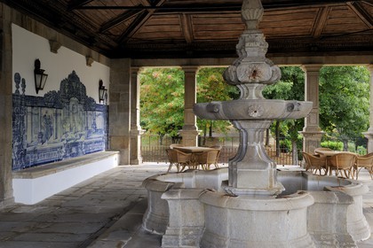 Portugal, Minho region, Guimaraes, veranda of the Pousada de Santa Marinha da Costa, azulejo - glazed tiles depicting the life of the monastery of the 18th c.