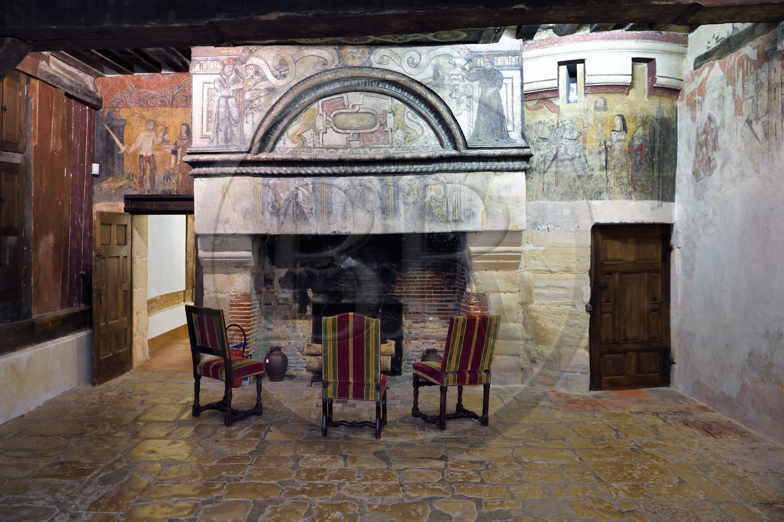 France, Calvados (14), Pays d'Auge, le chateau de Saint-Germain-de-Livet du XVe et XVIe siècle labellisé Musée de France, fresque du XVIe siècle dans la salle de garde