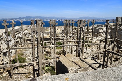 France, Bouches du Rhone, Marseille, Calanques National Park, archipelago of Frioul islands, Ratonneau island, Ratonneau Fort, pseudo field of crosses, vestige of structures of German casemate for canon whose construction was interrupted by the end of the war