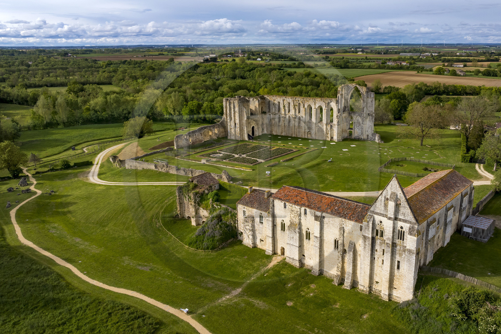 France, Vendée (85), Parc Interrégional du Marais Poitevin labellisé Grand Site de France, Maillezais, vestiges de l'abbaye Saint-Pierre de Maillezais (vue aérienne)