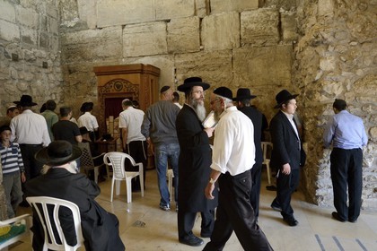 Israel, Jérusalem, ville sainte, vieille-ville classée Patrimoine Mondial de l'UNESCO, partie couverte du Mur des Lamentations ou mur occidental faisant partie des murs de soutènement de l'esplanade du Temple construite par Hérode Ier le Grand, Juifs orthodoxes en prière