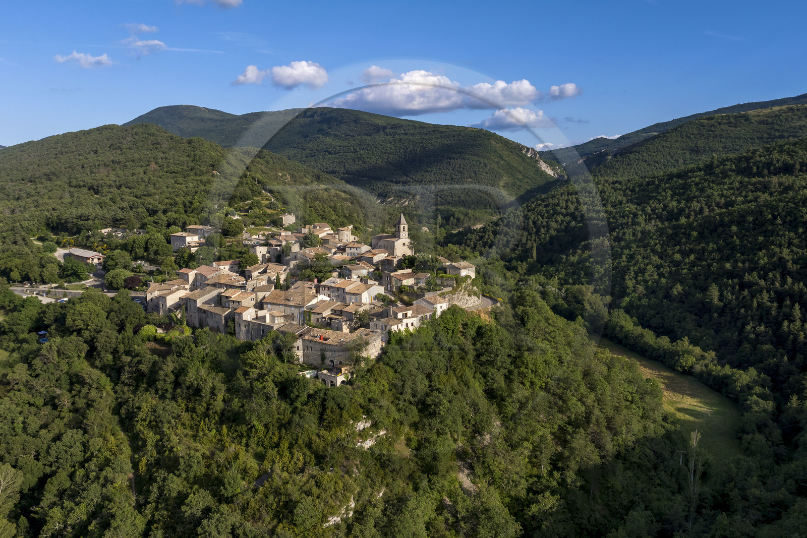 France, Drome, regional natural park of Baronnies provencales, the village of Saint-Auban-sur-l'Ouvèze (aerial view)