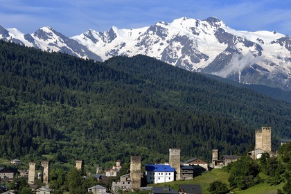 Georgia, Upper Svaneti (Zemo Svaneti), Mestia, Svan defensive towers erected next to the houses