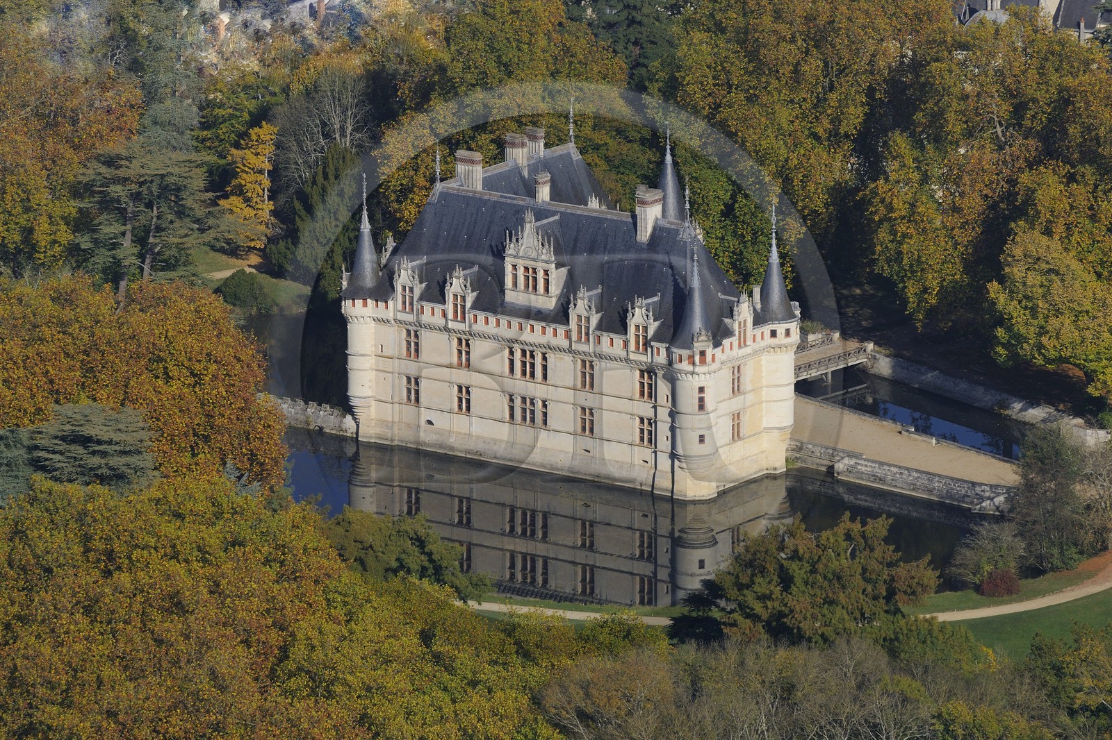 France, Indre et Loire, Loire Valley listed as World Heritage by UNESCO, Chateau d' Azay le Rideau (aerial view)