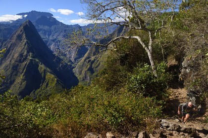 France, Ile de la Reunion, Parc National de la Réunion classé Patrimoine Mondial de l'UNESCO, La Possession, vers le village de Dos d'Ane, randonnée de la Roche Bouteille, randonneur sur le sentier Cap Noir et Piton Cabris dans le Cirque de Mafate à gauche