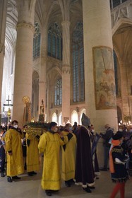 France, Meurthe-et-Moselle, Saint Nicolas de Port, Basilica of Saint Nicolas, torchlight procession which has been celebrated since 1245 on the occasion of Saint Nicholas, the relic of Saint Nicolas blessing dexter (according to tradition it is the bones of a joint of the right hand of the bishop) that is kept in a reliquary arm of the late 19th century in silver, gold, enamel and diamonds