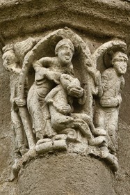 France, Dordogne, Périgord Vert, Saint Jean de Cole, labelled Les Plus Beaux Villages de France (The Most Beautiful Villages of France), St. John the Baptist (Saint-Jean-Baptiste) church, sculpture of a bedside column capital representing the Creation with God modeling the head of man
