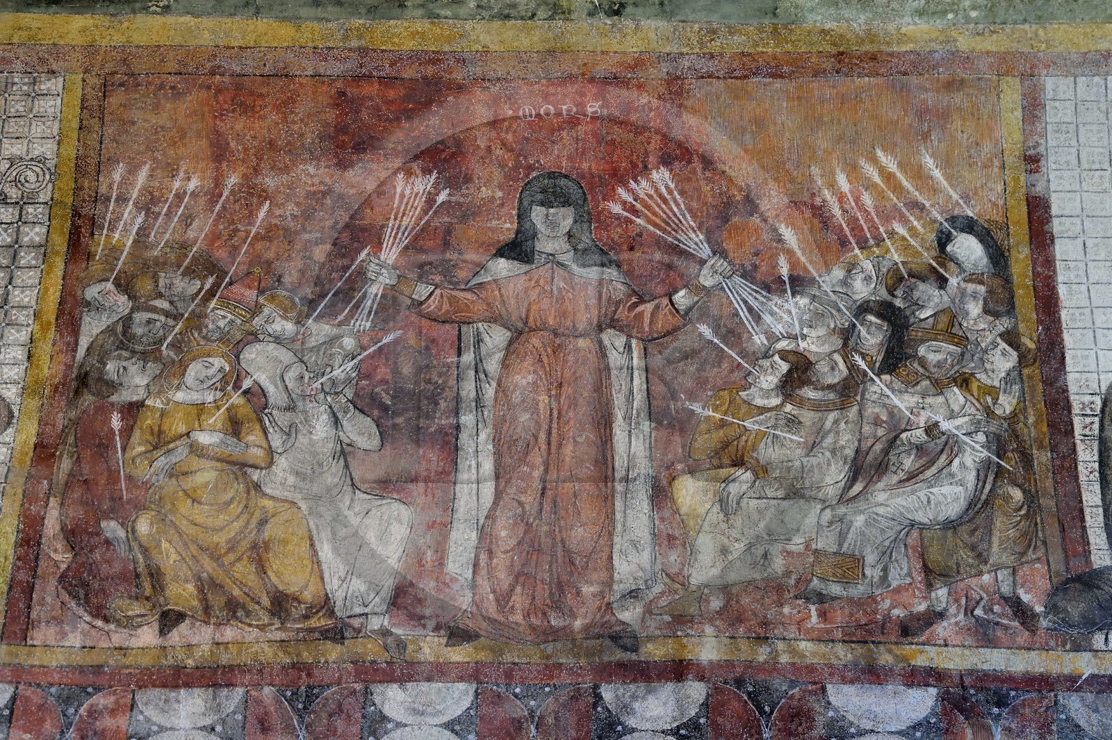 France, Haute Loire, Lavaudieu, labelled Les Plus Beaux Villages de France (The Most Beautiful Villages of France), the former Saint Andre (St Andrew) abbey church in Auvergne Romanesque style, the Black Death, allegory of the plague that ravaged the region from 1348 to 1352