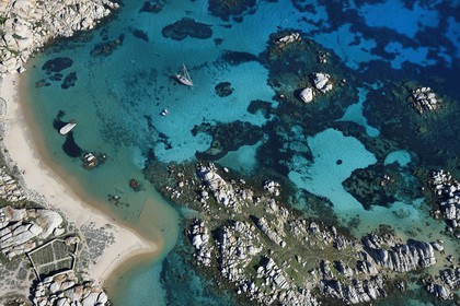 France, Corse du Sud, Bonifacio, Lavezzi Islands Nature Reserve and the Acciarino cemetery hosting the graves of the Semillante shipwrecked men (aerial view)