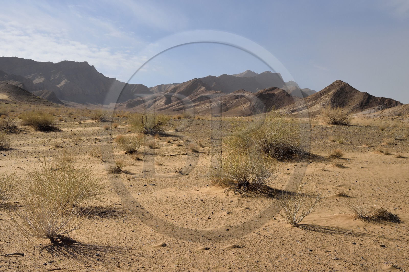 Iran, Province d'Ispahan, désert du Dasht-e Kavir, le désert lors d'un vent de sable au pied des montagnes vers l'oasis d'Arousan dans la région de Khur et Biabanak