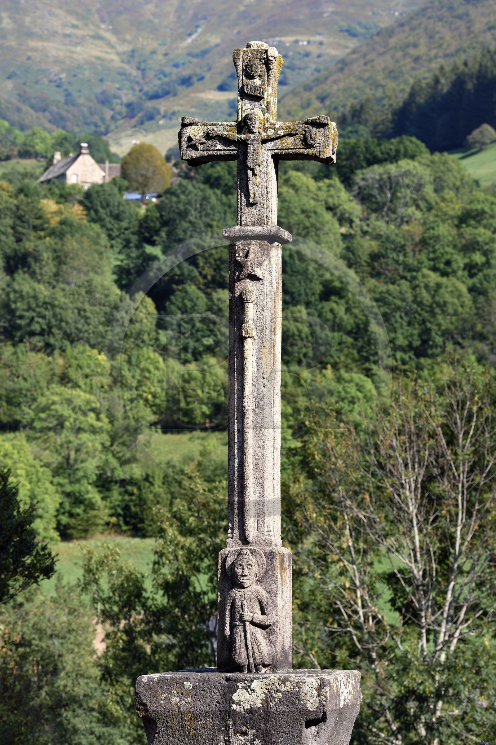 France, Cantal, Parc Naturel Régional des Volcans d'Auvergne (regional nature park of Auvergne volcanoes), Saint Jacques des Blats on the Way of St. James to Santiago de Compostela by Via Arverna, cross of 1792