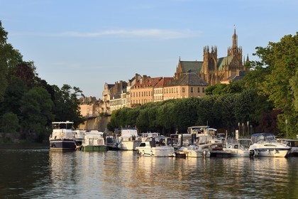 France, Moselle (57), Metz, le jardin des Régates, petit port de plaisance fluvial sur la Moselle et la cathédrale Saint-Etienne en arrière plan