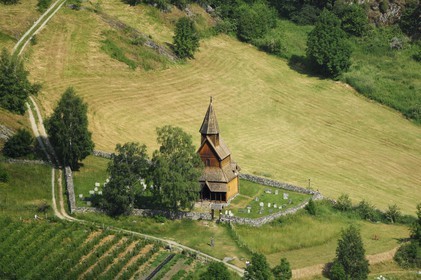 Norway, Sogn og Fjordane, Lujster fjord (Lustrafjord), Urnes wooden church (aerial view)