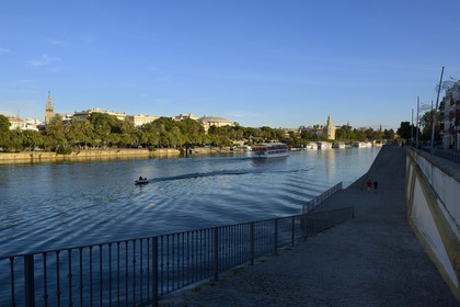 Espagne, Andalousie, Séville, en bordure du fleuve Guadalquivir, La Giralda à gauche et la Tour de l'Or (Torre del Oro) à droite