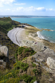 France, Côtes d'Armor (22), Côte de Penthièvre, Erquy, site naturel protégé du Cap d'Erquy, l'Anse de Port-Blanc sur le chemin de Grande Randonnée GR 34 ou sentier des douaniers