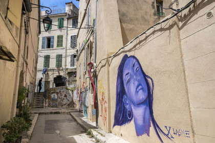 France, Bouches-du-Rhône (13), Marseille, quartier du Panier, peintures murales et graffitis dans la rue de l'hotel Dieu