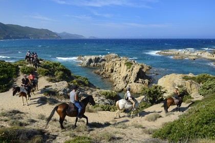 France, Haute-Corse (2B), Nebbio, désert des Agriates, Anse de Peraiola, cavaliers à l'Est de la plage d'Ostriconi