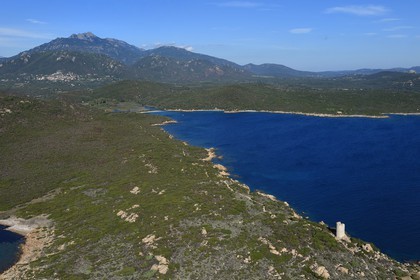 France, Corse du Sud, Monacia-d'Aullene, Olmeto genoese tower (aerial view)