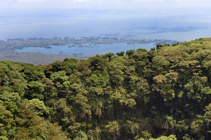 Nicaragua, département de Granada, Réserve naturelle du volcan Mombacho, vue sur le cratère principal et Las Isletas de Granada dans le lac Nicaragua en arrière plan