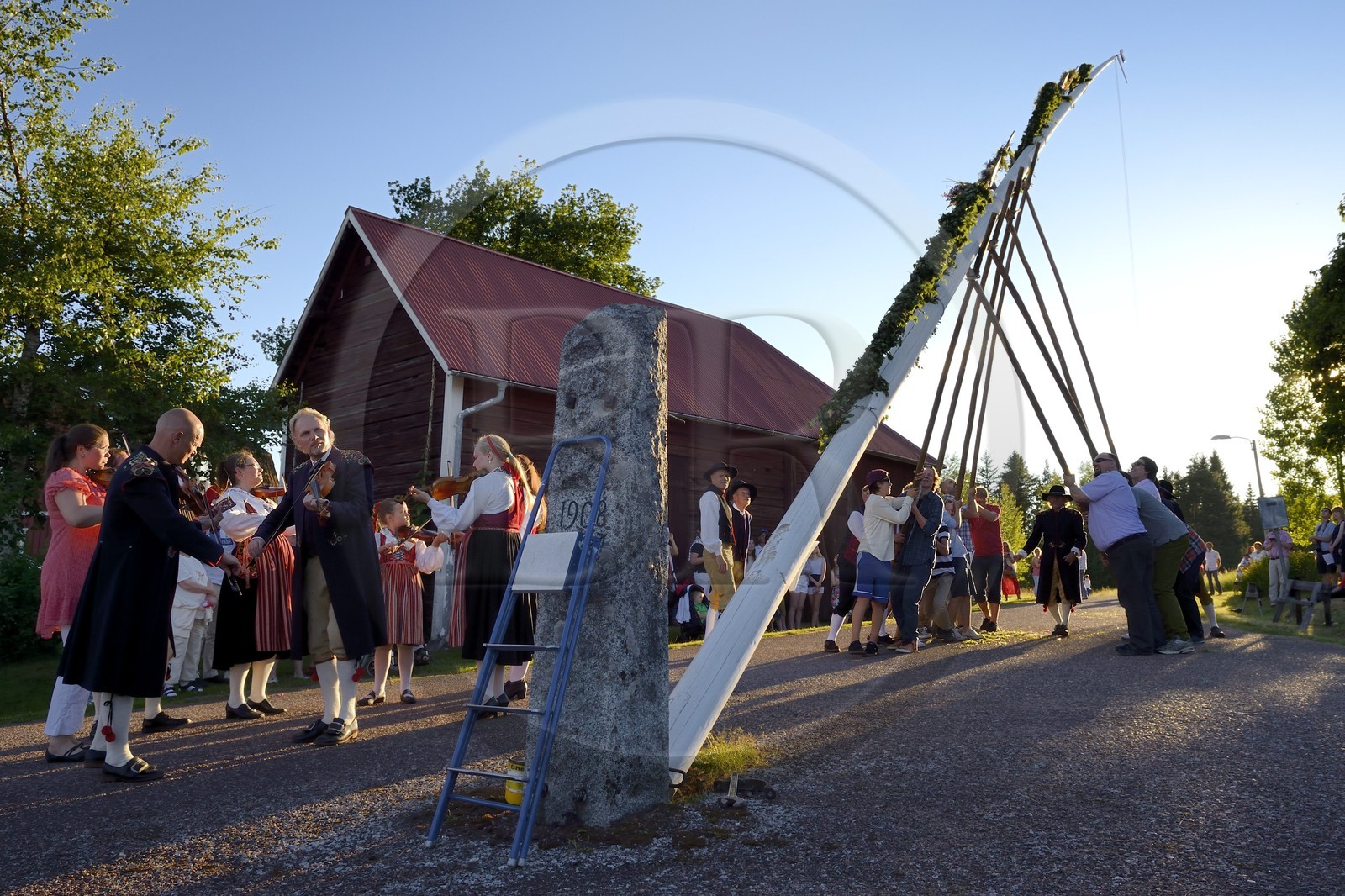 Sweden, Dalarna County, Leksand area, Midsummer celebrations in the tiny hamlet of Hjulbäck, uprising the maypole