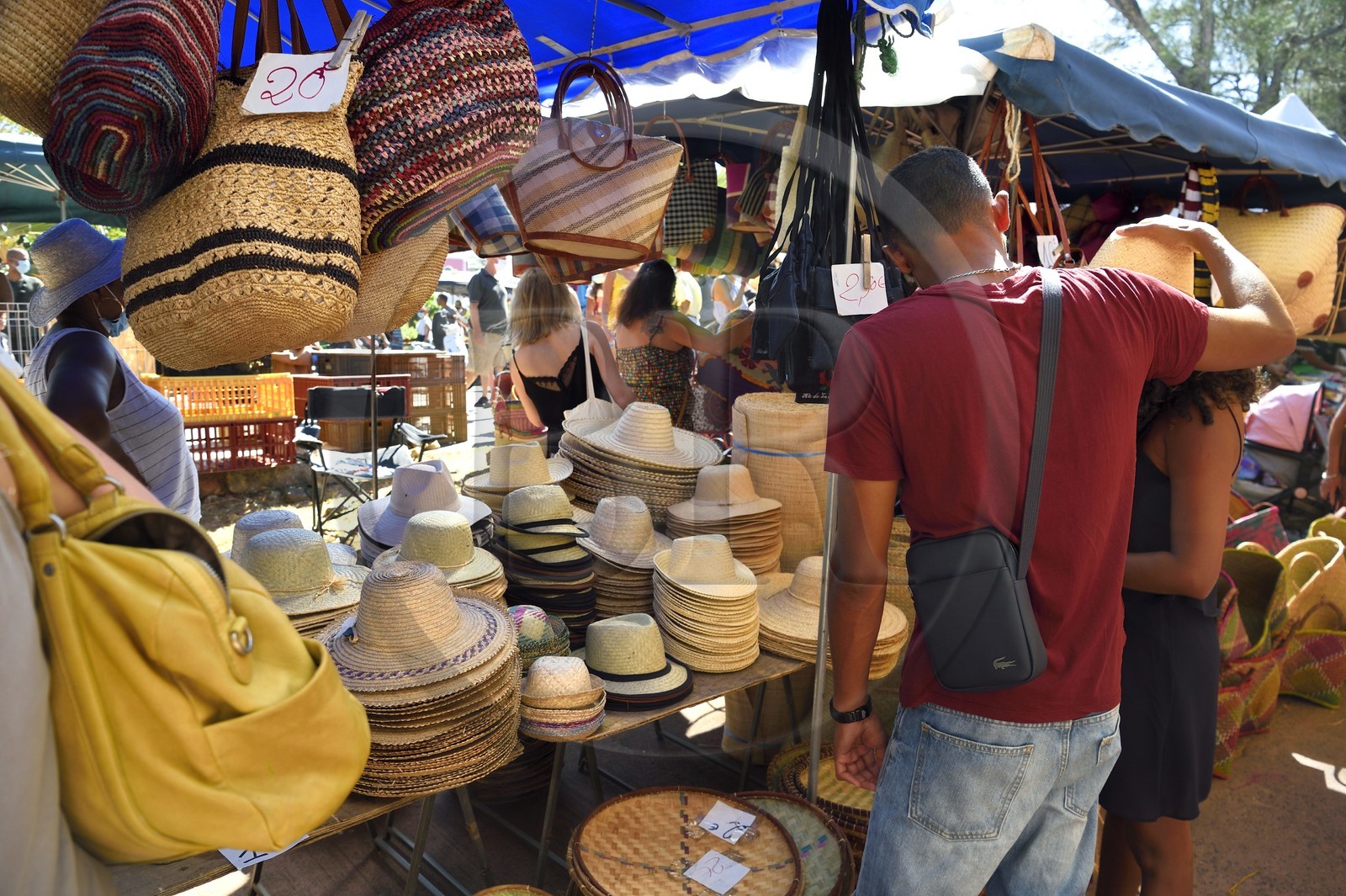 France, Reunion island (French overseas department), Saint-Pierre, the Saturday market, basketry craft bag and hat