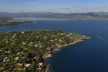 France, Var, the Golfe of Saint Tropez, the pointe de la rabiou right and Saint-Tropez in the background left (aerial view)